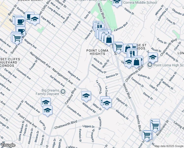 map of restaurants, bars, coffee shops, grocery stores, and more near 4055 Bernice Drive in San Diego