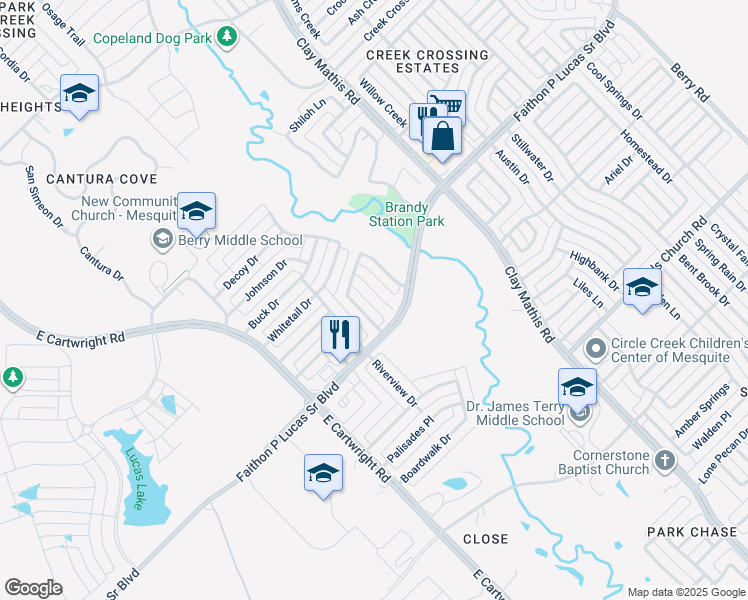 map of restaurants, bars, coffee shops, grocery stores, and more near 3104 Caribou Court in Mesquite
