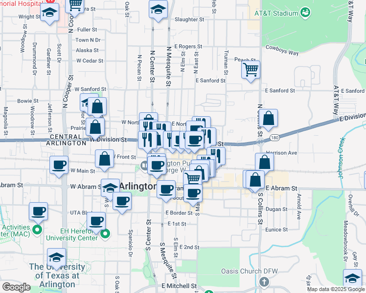 map of restaurants, bars, coffee shops, grocery stores, and more near 319 East Division Street in Arlington