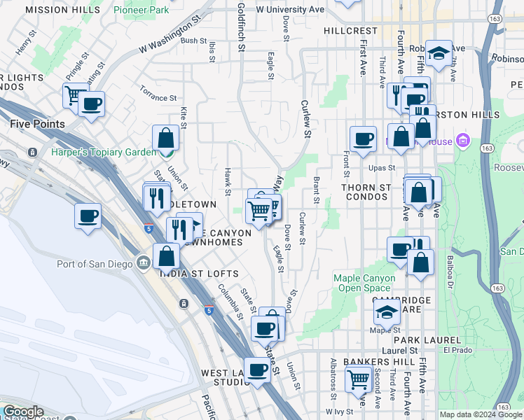 map of restaurants, bars, coffee shops, grocery stores, and more near 3178 Reynard Way in San Diego