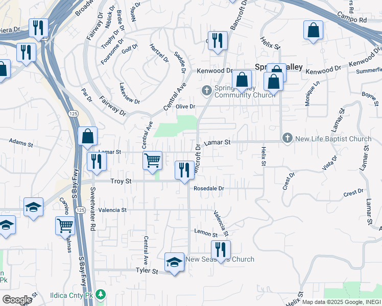 map of restaurants, bars, coffee shops, grocery stores, and more near 8975 Lamar Street in Spring Valley