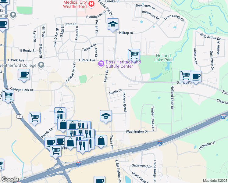 map of restaurants, bars, coffee shops, grocery stores, and more near 939 Austin Court in Weatherford