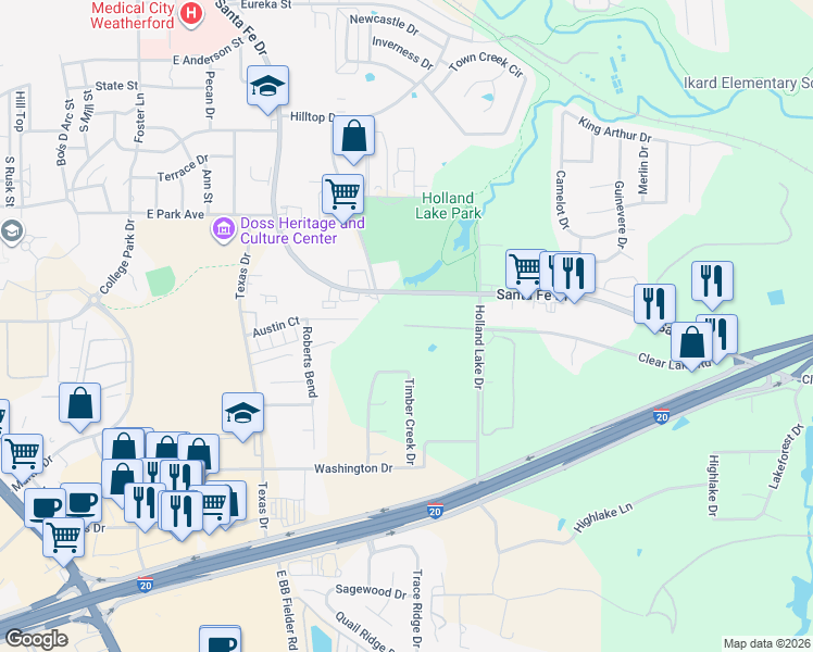 map of restaurants, bars, coffee shops, grocery stores, and more near 1504 Clear Lake Road in Weatherford