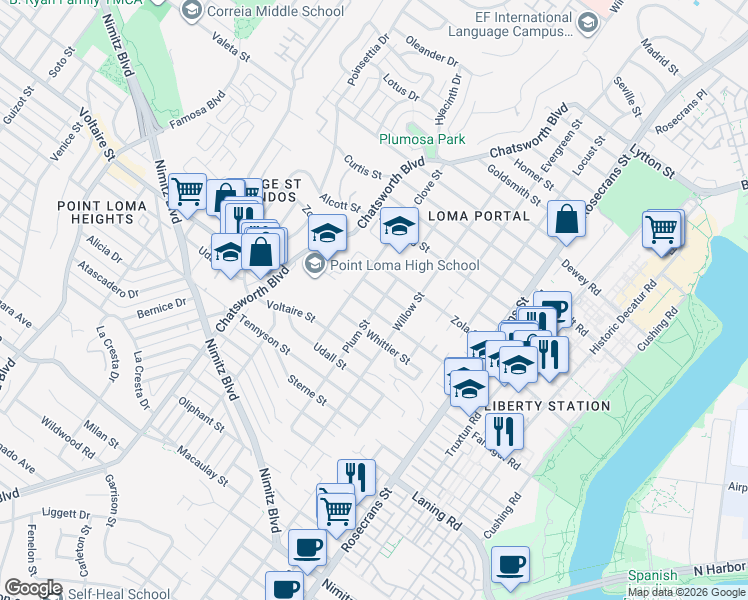 map of restaurants, bars, coffee shops, grocery stores, and more near 2318 Plum Street in San Diego