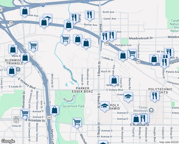 map of restaurants, bars, coffee shops, grocery stores, and more near 501 Woodrow Avenue in Fort Worth