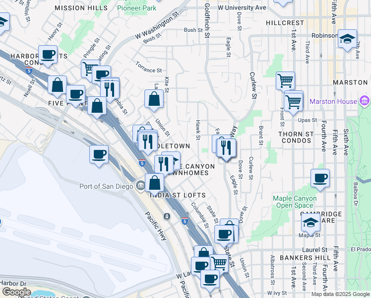 map of restaurants, bars, coffee shops, grocery stores, and more near 3291 Ibis Street in San Diego