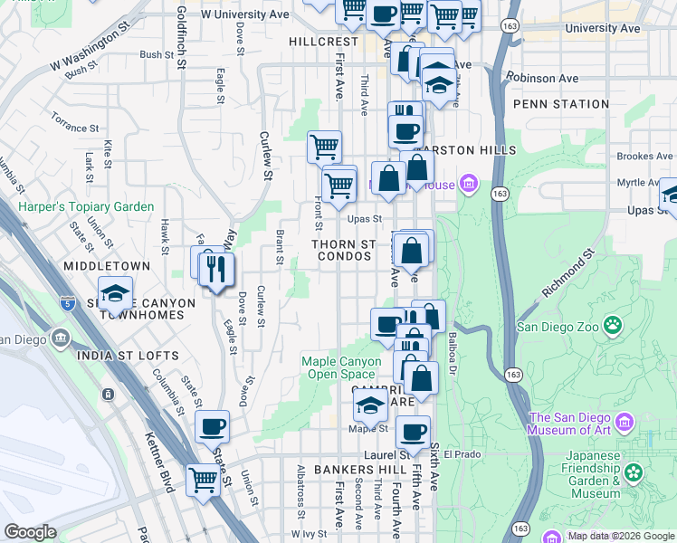map of restaurants, bars, coffee shops, grocery stores, and more near 1st Ave & Spruce St in San Diego