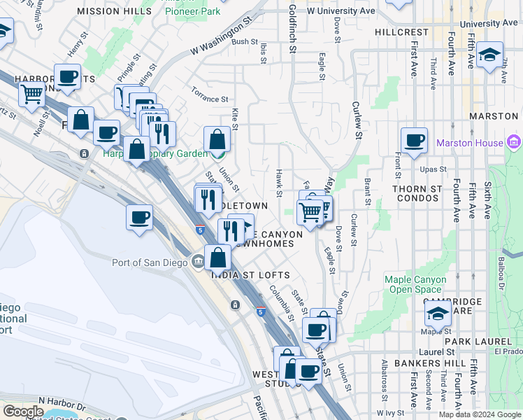 map of restaurants, bars, coffee shops, grocery stores, and more near 3291 Ibis Street in San Diego