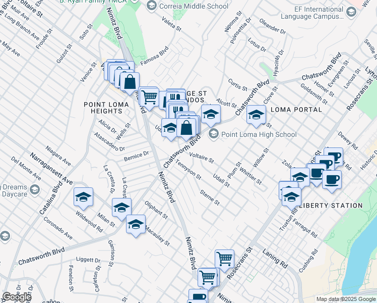 map of restaurants, bars, coffee shops, grocery stores, and more near 2185 Chatsworth Boulevard in San Diego