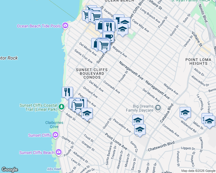 map of restaurants, bars, coffee shops, grocery stores, and more near 4659 Coronado Avenue in San Diego