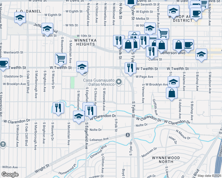map of restaurants, bars, coffee shops, grocery stores, and more near 706 South Winnetka Avenue in Dallas