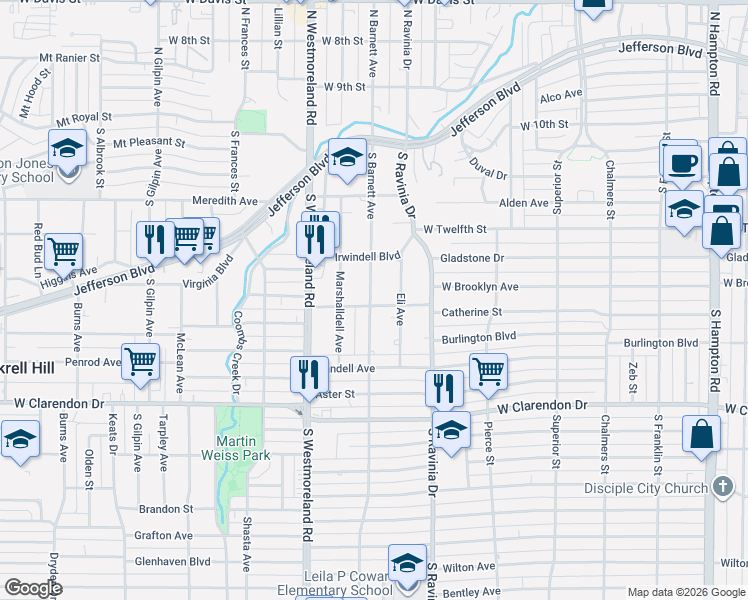 map of restaurants, bars, coffee shops, grocery stores, and more near 706 South Barnett Avenue in Dallas