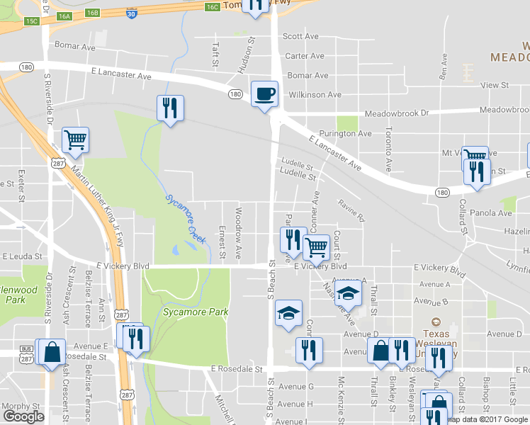 map of restaurants, bars, coffee shops, grocery stores, and more near 500 South Beach Street in Fort Worth