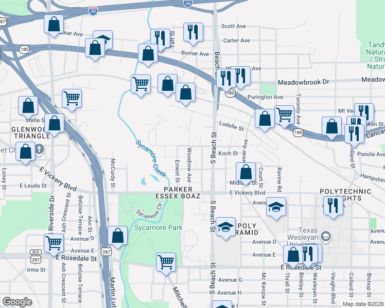 map of restaurants, bars, coffee shops, grocery stores, and more near 501 Woodrow Avenue in Fort Worth