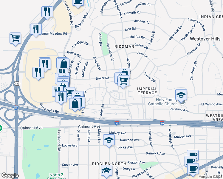 map of restaurants, bars, coffee shops, grocery stores, and more near 1024 Park Villa Apartment in Fort Worth