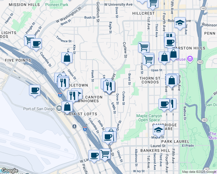 map of restaurants, bars, coffee shops, grocery stores, and more near Reynard Way in San Diego