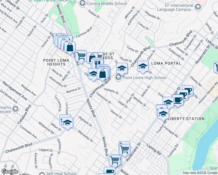 map of restaurants, bars, coffee shops, grocery stores, and more near in San Diego
