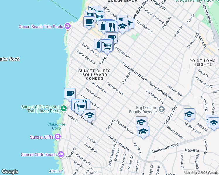 map of restaurants, bars, coffee shops, grocery stores, and more near 4655 Coronado Avenue in San Diego