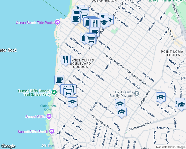 map of restaurants, bars, coffee shops, grocery stores, and more near 4655 Coronado Avenue in San Diego