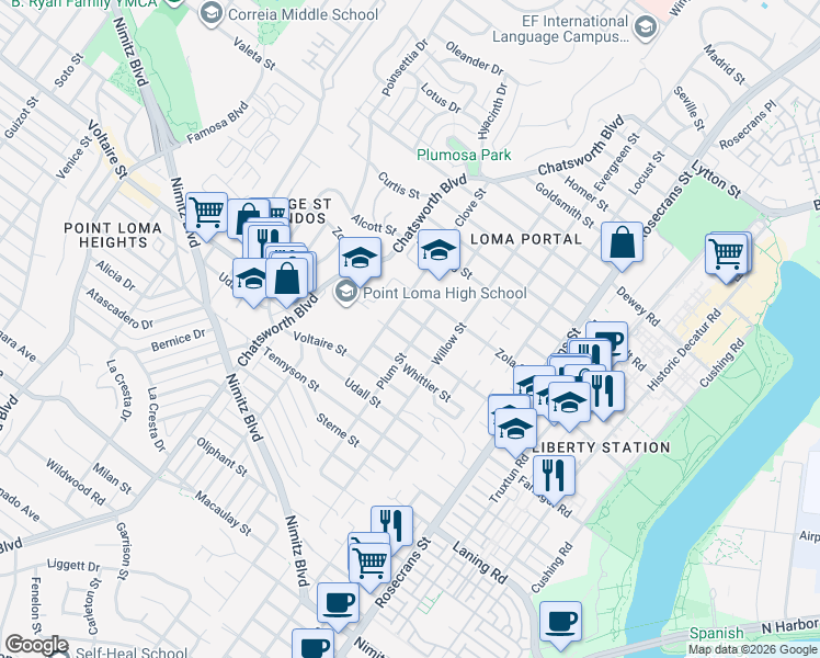 map of restaurants, bars, coffee shops, grocery stores, and more near 2318 Plum Street in San Diego