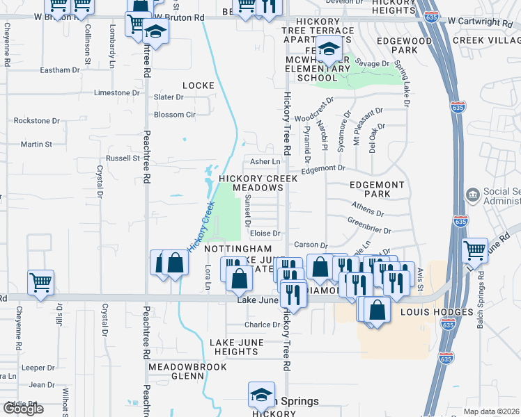 map of restaurants, bars, coffee shops, grocery stores, and more near 11811 Avery Lane in Balch Springs
