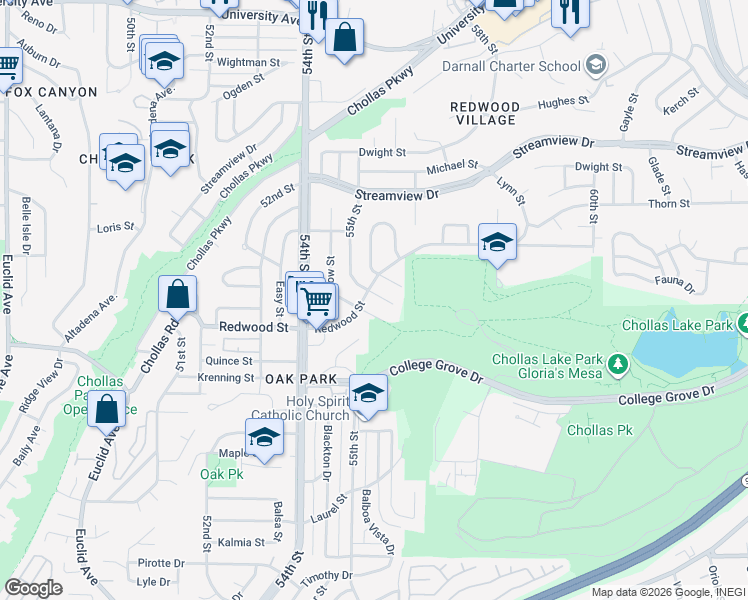 map of restaurants, bars, coffee shops, grocery stores, and more near 3041 55th Street in San Diego