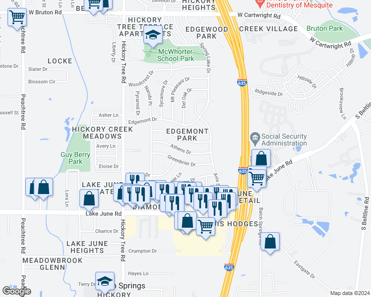 map of restaurants, bars, coffee shops, grocery stores, and more near 1315 Athens Drive in Mesquite