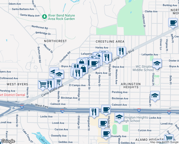 map of restaurants, bars, coffee shops, grocery stores, and more near Camp Bowie Boulevard in Fort Worth
