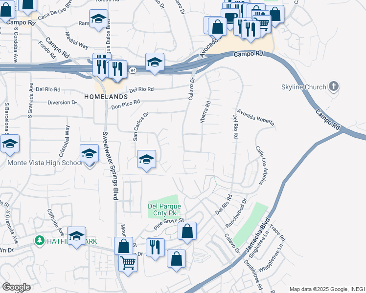 map of restaurants, bars, coffee shops, grocery stores, and more near 3304 Calavo Drive in Spring Valley