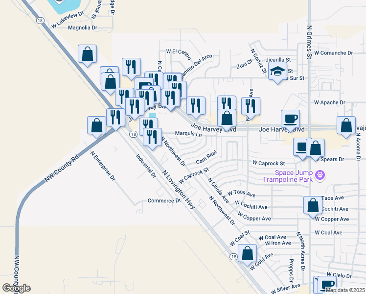 map of restaurants, bars, coffee shops, grocery stores, and more near 1613 Bradley Court in Hobbs