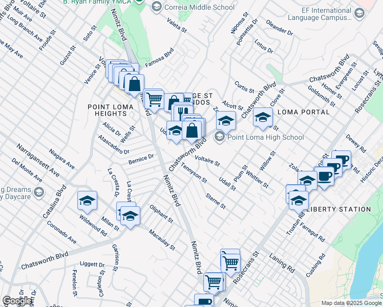 map of restaurants, bars, coffee shops, grocery stores, and more near 2 Voltaire Street in San Diego