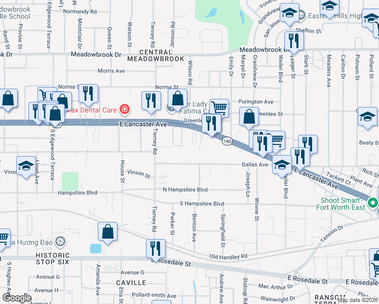 map of restaurants, bars, coffee shops, grocery stores, and more near 5201 Panola Avenue in Fort Worth