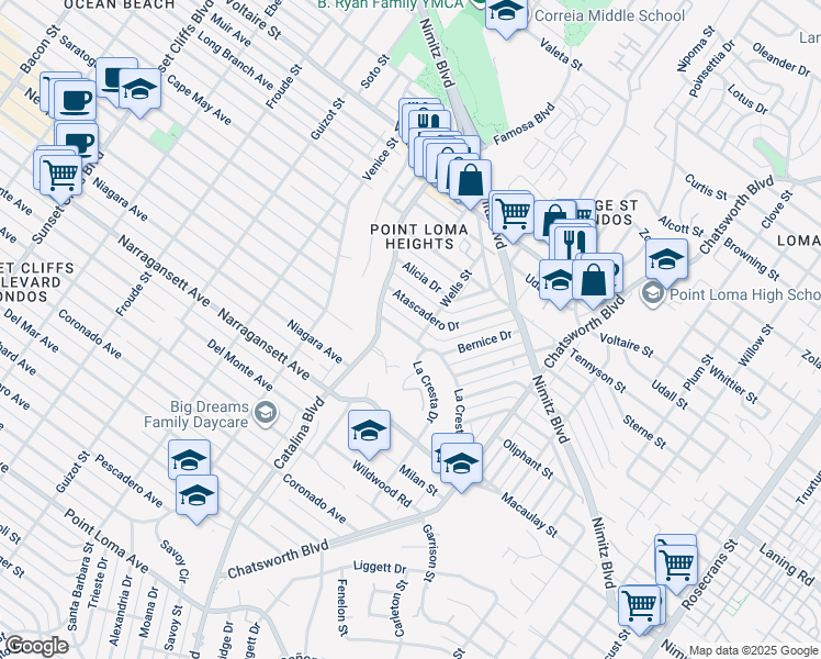 map of restaurants, bars, coffee shops, grocery stores, and more near 4036 Bernice Drive in San Diego