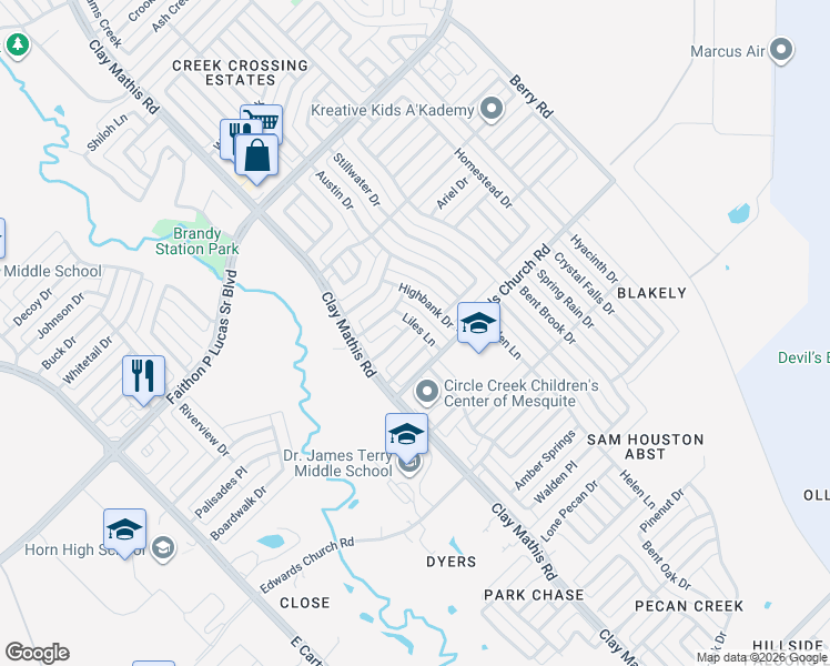 map of restaurants, bars, coffee shops, grocery stores, and more near 2202 Fallen Wood Drive in Mesquite