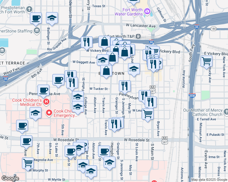 map of restaurants, bars, coffee shops, grocery stores, and more near 101-799 W Tucker St in Fort Worth