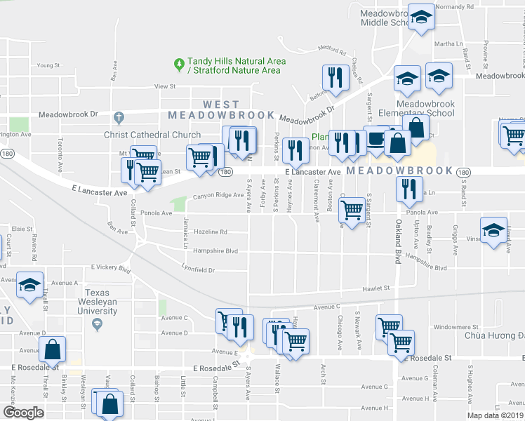 map of restaurants, bars, coffee shops, grocery stores, and more near 301 Forby Avenue in Fort Worth
