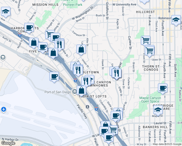 map of restaurants, bars, coffee shops, grocery stores, and more near 3318-20 Union Street in San Diego