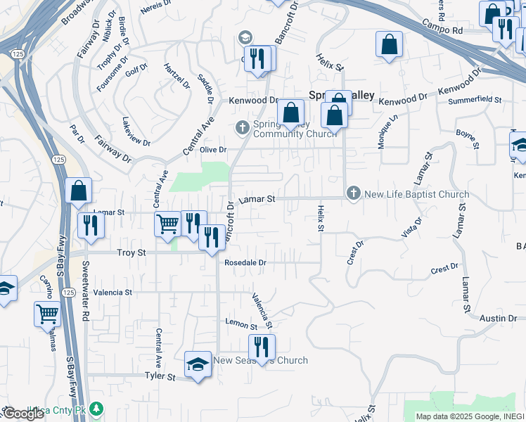 map of restaurants, bars, coffee shops, grocery stores, and more near 9107 Lamar Street in Spring Valley