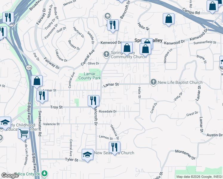 map of restaurants, bars, coffee shops, grocery stores, and more near 9033 Lamar Street in Spring Valley