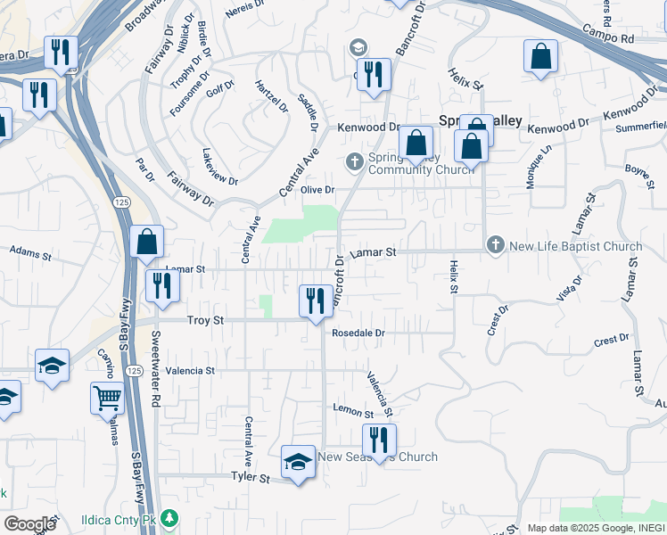 map of restaurants, bars, coffee shops, grocery stores, and more near in Spring Valley