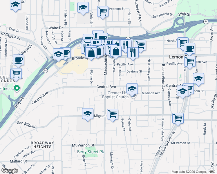map of restaurants, bars, coffee shops, grocery stores, and more near 3110 Vista Avenue in Lemon Grove