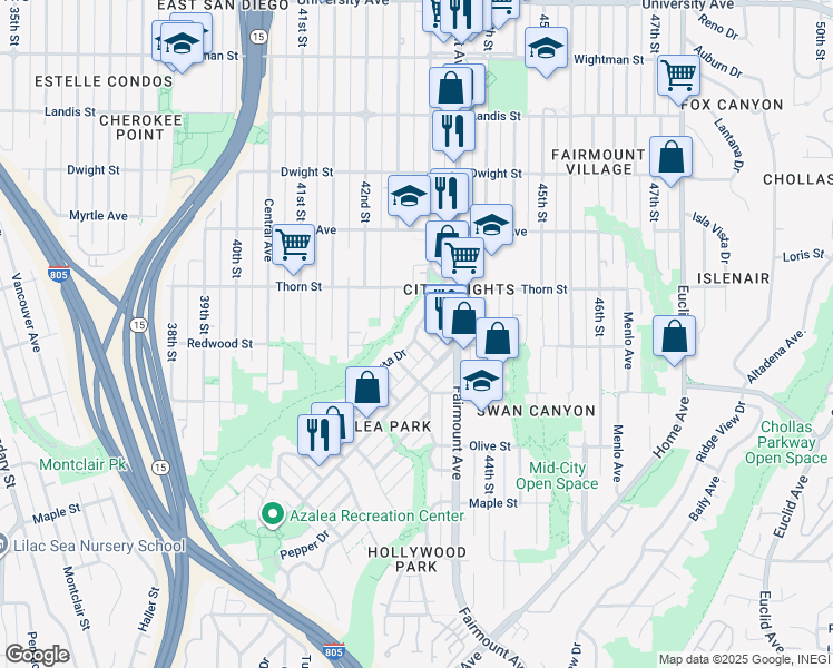 map of restaurants, bars, coffee shops, grocery stores, and more near 3144 Glenfield Street in San Diego