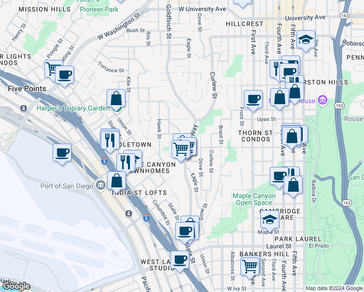 map of restaurants, bars, coffee shops, grocery stores, and more near 3207 Reynard Way in San Diego