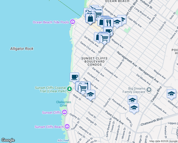 map of restaurants, bars, coffee shops, grocery stores, and more near 1563 Sunset Cliffs Boulevard in San Diego