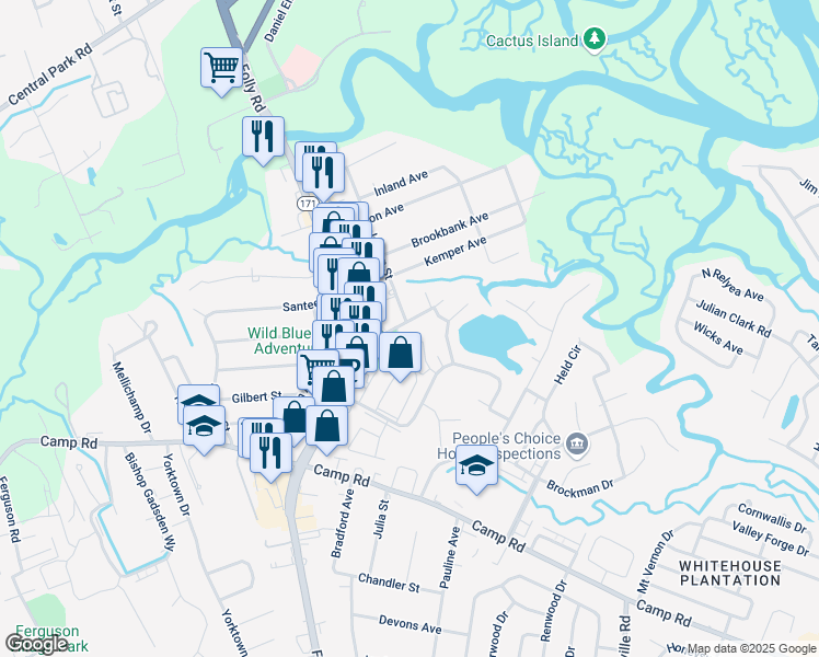 map of restaurants, bars, coffee shops, grocery stores, and more near 1570 Highland Avenue in Charleston