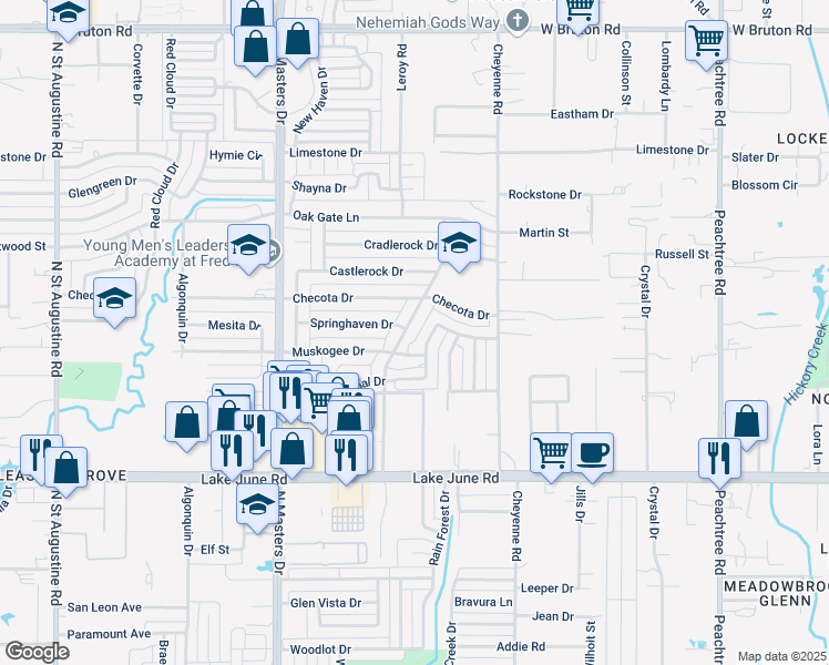 map of restaurants, bars, coffee shops, grocery stores, and more near 1525 Amity Lane in Dallas