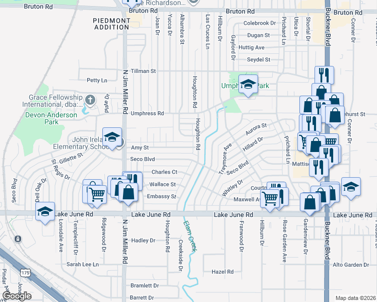 map of restaurants, bars, coffee shops, grocery stores, and more near 7348 Amy Street in Dallas