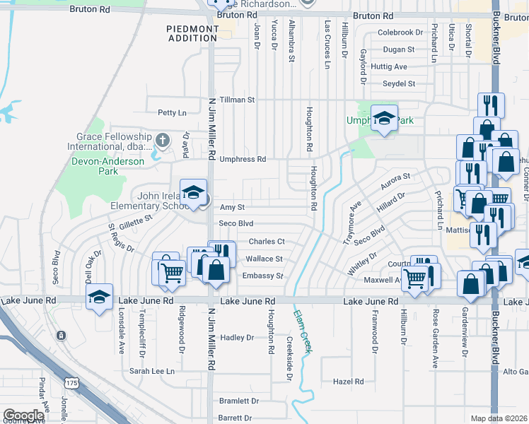 map of restaurants, bars, coffee shops, grocery stores, and more near 7226 Amy Street in Dallas