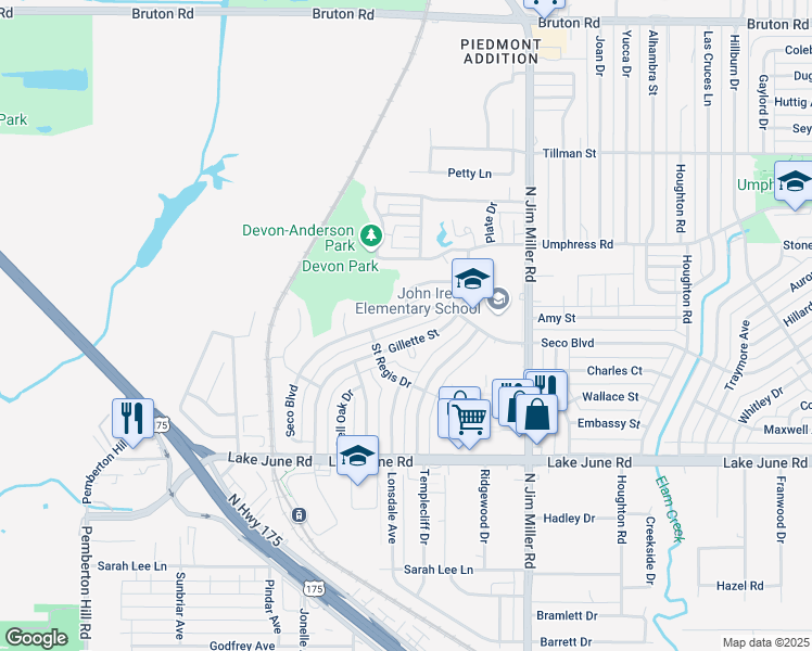 map of restaurants, bars, coffee shops, grocery stores, and more near 6738 Seco Boulevard in Dallas