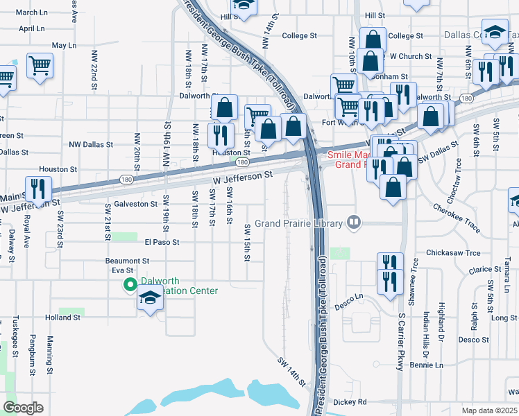 map of restaurants, bars, coffee shops, grocery stores, and more near 301 Southwest 14th Street in Grand Prairie